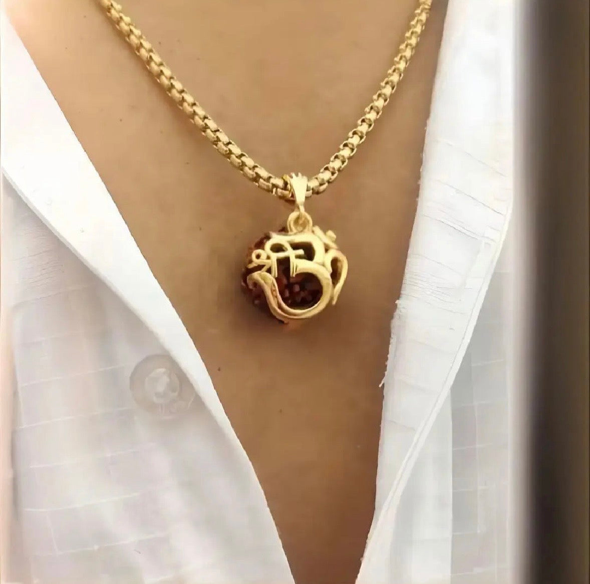 Heading: Mahadev Ka Ashirwad, Hamesha Aapke Saath! 🕉️Gold-Plated Rudraksha Om Pendant with Gold Chain - Spiritual Shiv Shakti Locket for Men & Women